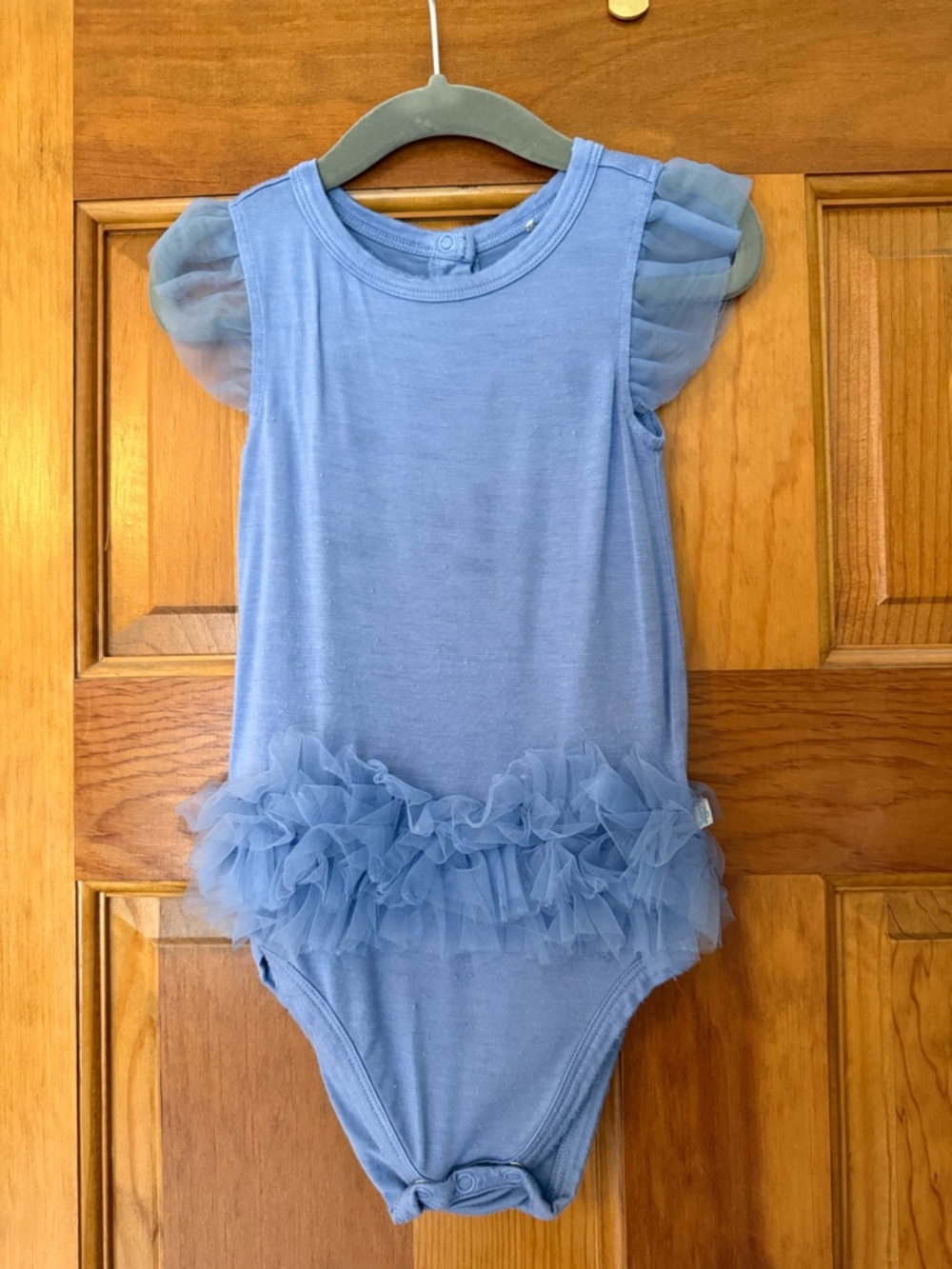 Blue Dew Tulle Sleeve Ruffled Back Bodysuit